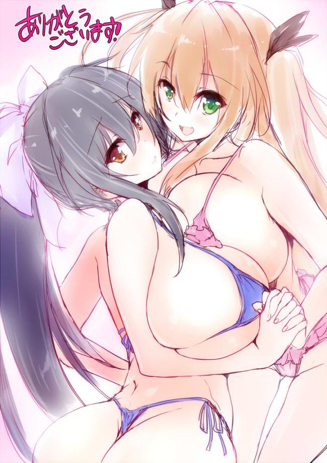 2girls ass bangs bare_arms bare_ass bare_back bare_legs bare_shoulders bare_thighs big_breasts bikini bikini_bottom bikini_top black_hair blush bra breast_press breast_squeeze breast_squish breasts breasts_to_breasts chichiiro_toiki cleft_of_venus collarbone dat_ass dimples_of_venus embarrassed facing_viewer female female_focus female_only females females_only green_eyes handholding hazel_eyes hourglass_figure kawasumi_sayaka large_breasts long_hair looking_at_viewer massive_breasts mika_(chichiiro_toiki) multiple_girls orange_hair plain_background ponytail side_view sideboob simple_background smile smiling smiling_at_viewer straight_hair tagme thick_thighs thong tight_bikini tight_clothing tight_fit twintails voluptuous white_background wide_hips yuri