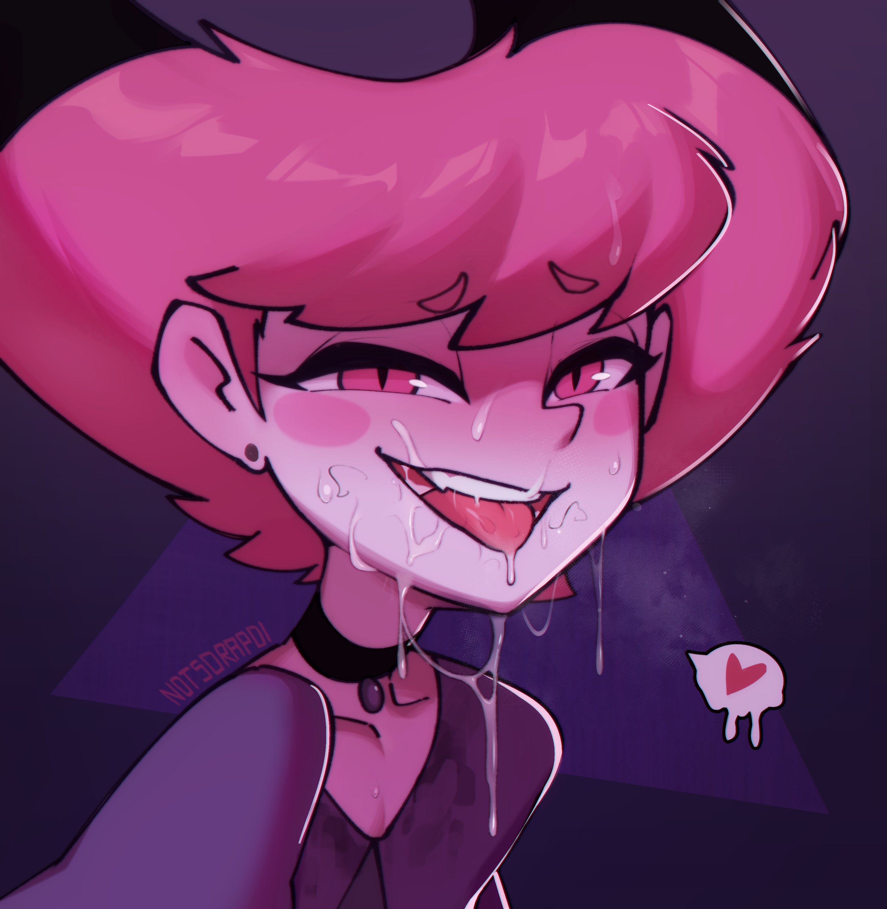 1girls, choker, clothed, clothing, cum, cum drip, cum in mouth, cum on face, cum string, dc, dc comics, female, female only, jinx (dc), light skin, light-skinned female, notsorapoi, open mouth, pink eyes, pink hair, teen titans, tongue