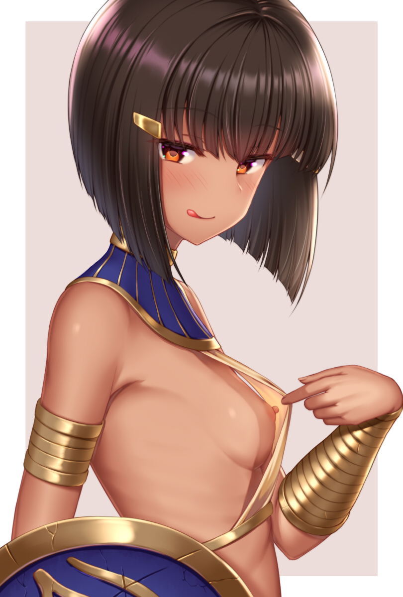 :q armlet assal_(sennen_sensou_aigis) bangs black_hair blunt_bangs blush bob_cut border breasts brown_eyes clothes_lift commentary_request dark-skinned_female dark_skin egyptian egyptian_clothes eyebrows_visible_through_hair female from_side gold_trim hair_ornament hairclip highres licking_lips lifted_by_self looking_at_viewer naughty_face nipples outside_border sennen_sensou_aigis shield shirt_lift short_hair small_breasts solo tongue tongue_out tsuboyarou upper_body usekh_collar white_border