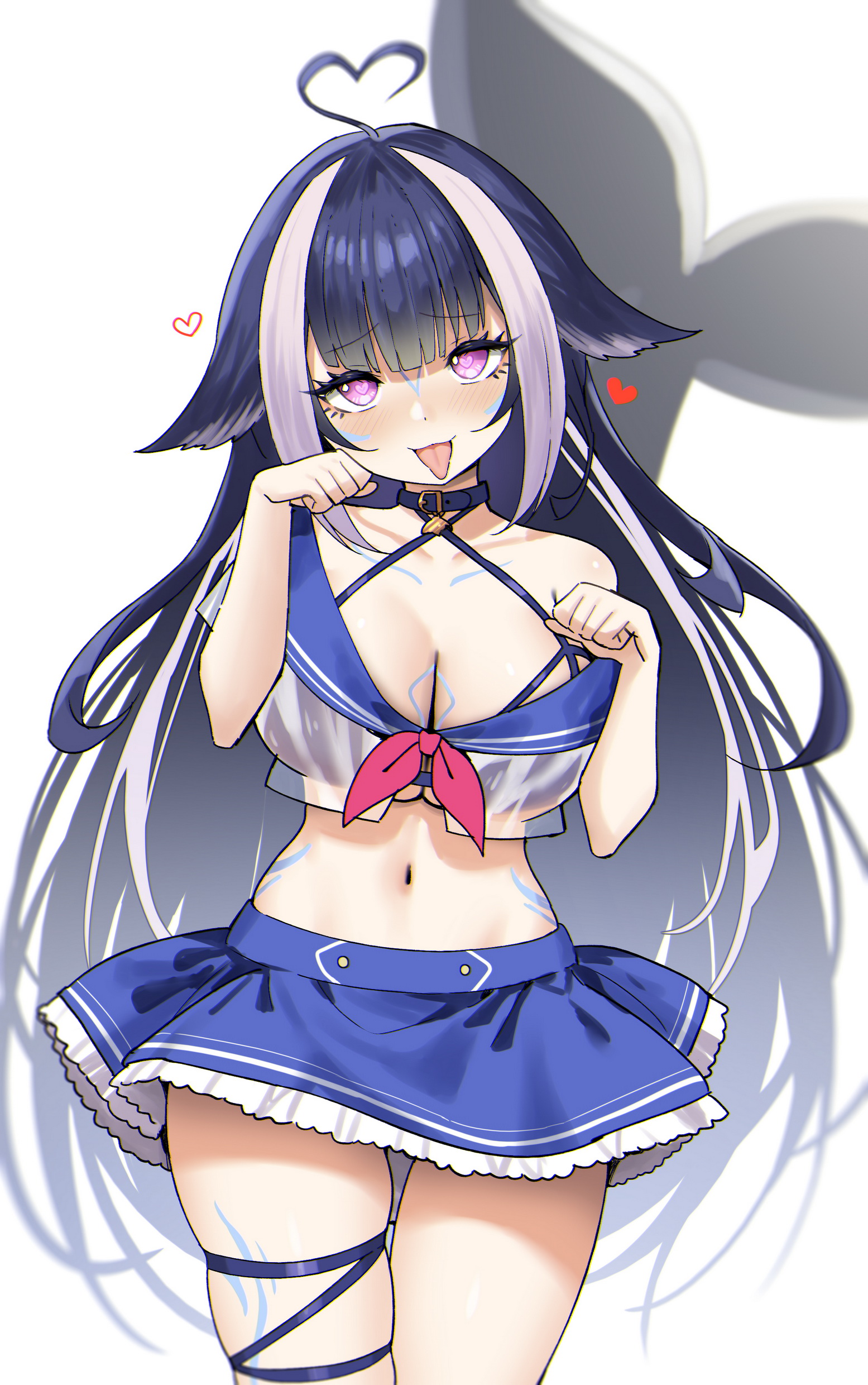 1girls, ahoge, animal tail, bangs, black hair, blush, breasts, cleavage, female, garter straps, heart-shaped pupils, indie virtual youtuber, large breasts, long hair, miniskirt, open shirt, purple eyes, see-through, shylily, simple background, skirt, sky (freedom), solo, standing, thick thighs, thighhighs, thighs, tongue, tongue out, virtual youtuber, white background