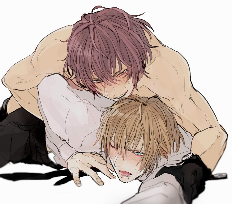 2boys black_gloves blonde_hair blush brown_hair drooling from_behind gantz gay gloves hikawa_(gantz) implied_anal implied_sex kazuo_kuwabara lying_on_person male male_only messy_hair on_stomach open_mouth pinned pinned_down prone_bone smile sweat tatsuya_c topless topless_male yaoi