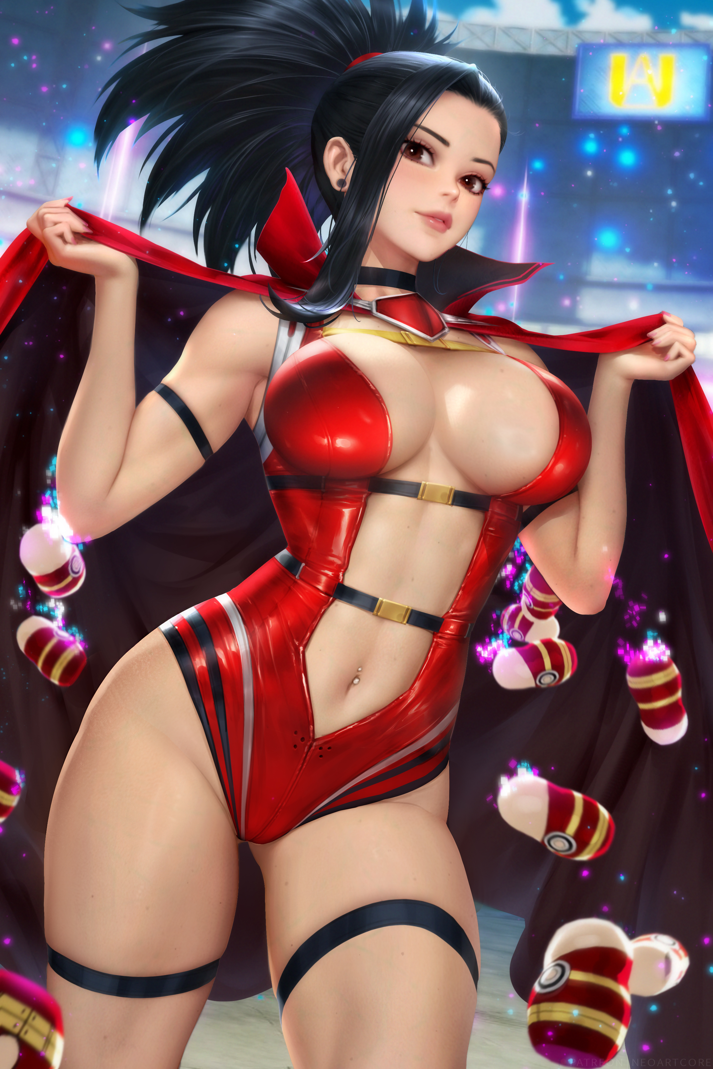 1girls, absurd res, absurdres, arms up, bare arms, bare thighs, big breasts, black hair, black-haired female, breasts, brown eyes, busty, cape, cleavage, clothed, clothed female, clothing, doll, female, female focus, female only, fit, fit female, hero outfit (mha), high resolution, highres, hips, human, human female, large breasts, large filesize, leotard, light skin, light-skinned female, long hair, matryoshka doll, momo yaoyorozu, momo yaoyorozu (hero outfit), my hero academia, navel, navel piercing, neoartcore, nudtawut thongmai, piercing, ponytail, red cape, red clothes, red clothing, red leotard, solo, solo female, solo focus, superheroine, thick thighs, thighs, toned, toned female, toned stomach, very high resolution