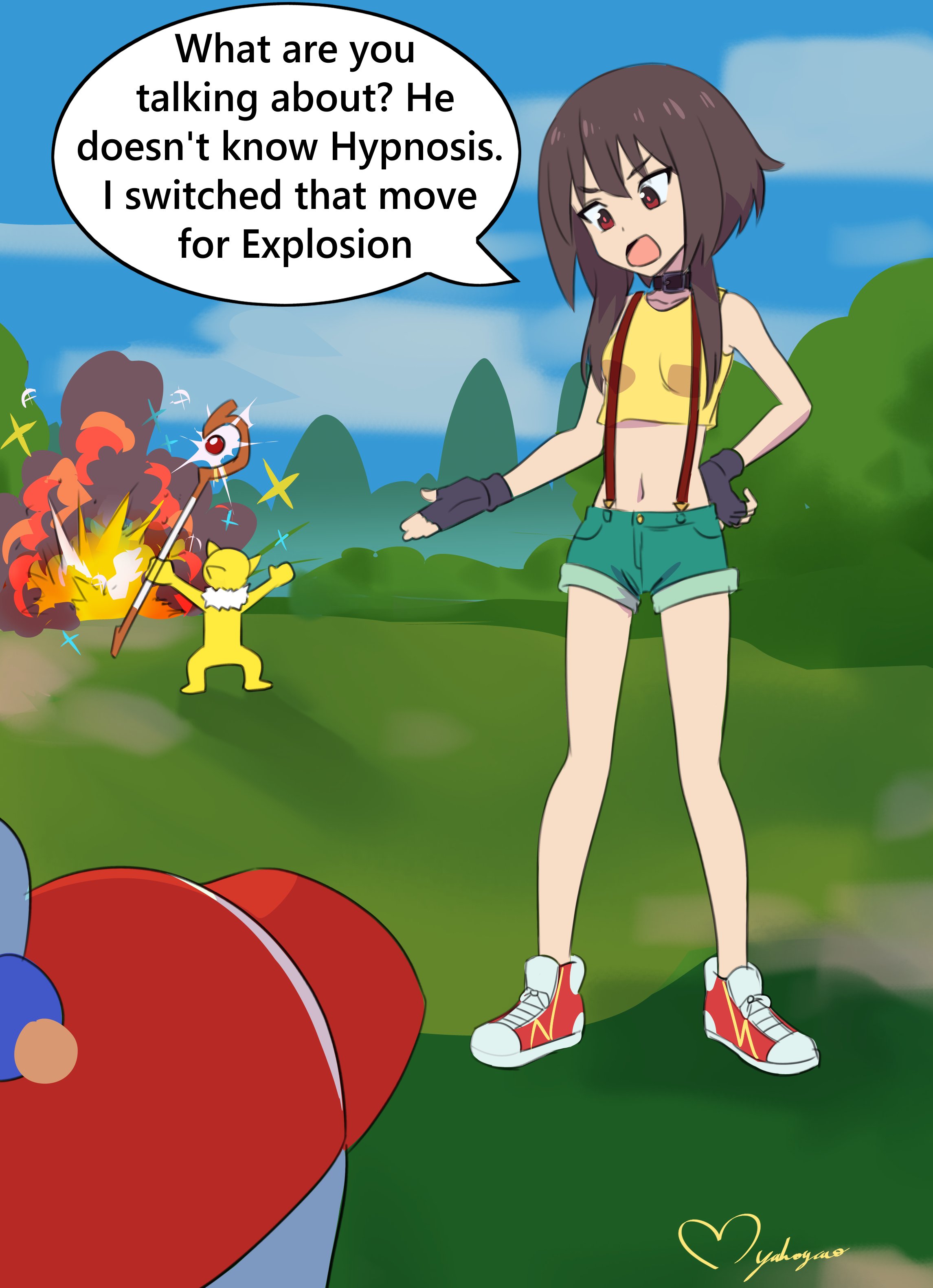 after sex, aqua (konosuba), baseball cap, black hair, blue eyes, blue hair, breasts, choker, comic, female, fingerless gloves, gloves, hair ornament, hat, hypno, kasumi (pokemon), kono subarashii sekai ni shukufuku wo!, maho malice, megumin, misty (pokemon) (cosplay), myahogao, open mouth, pokemon, pokemon (species), red eyes, short hair, shorts, small breasts, suspenders, text