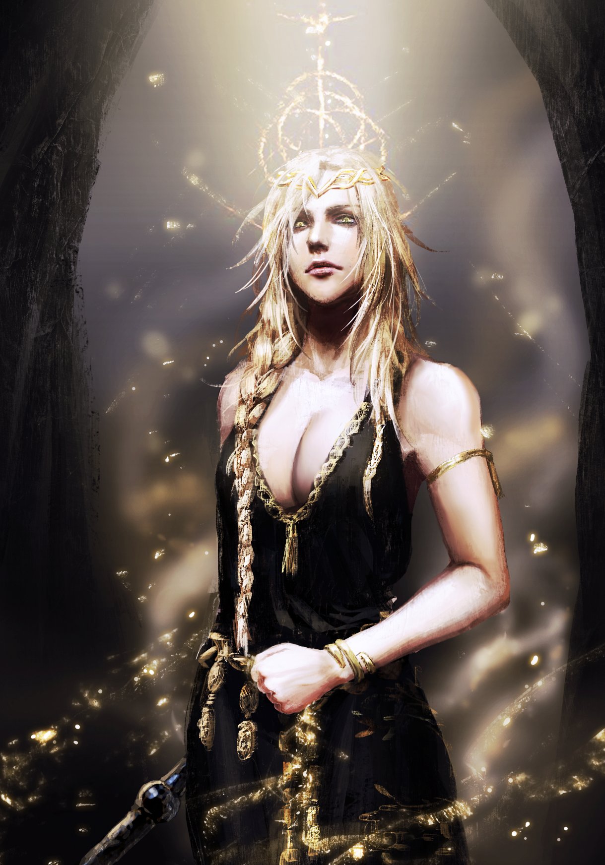 1girls, armband, big breasts, blonde hair, bracelet, breasts, circlet, cleavage, dress, elden ring, female, female only, fromsoftware, goddess, light skin, light-skinned female, milf, painting (artwork), queen marika the eternal, solo, tumitumico, underboob