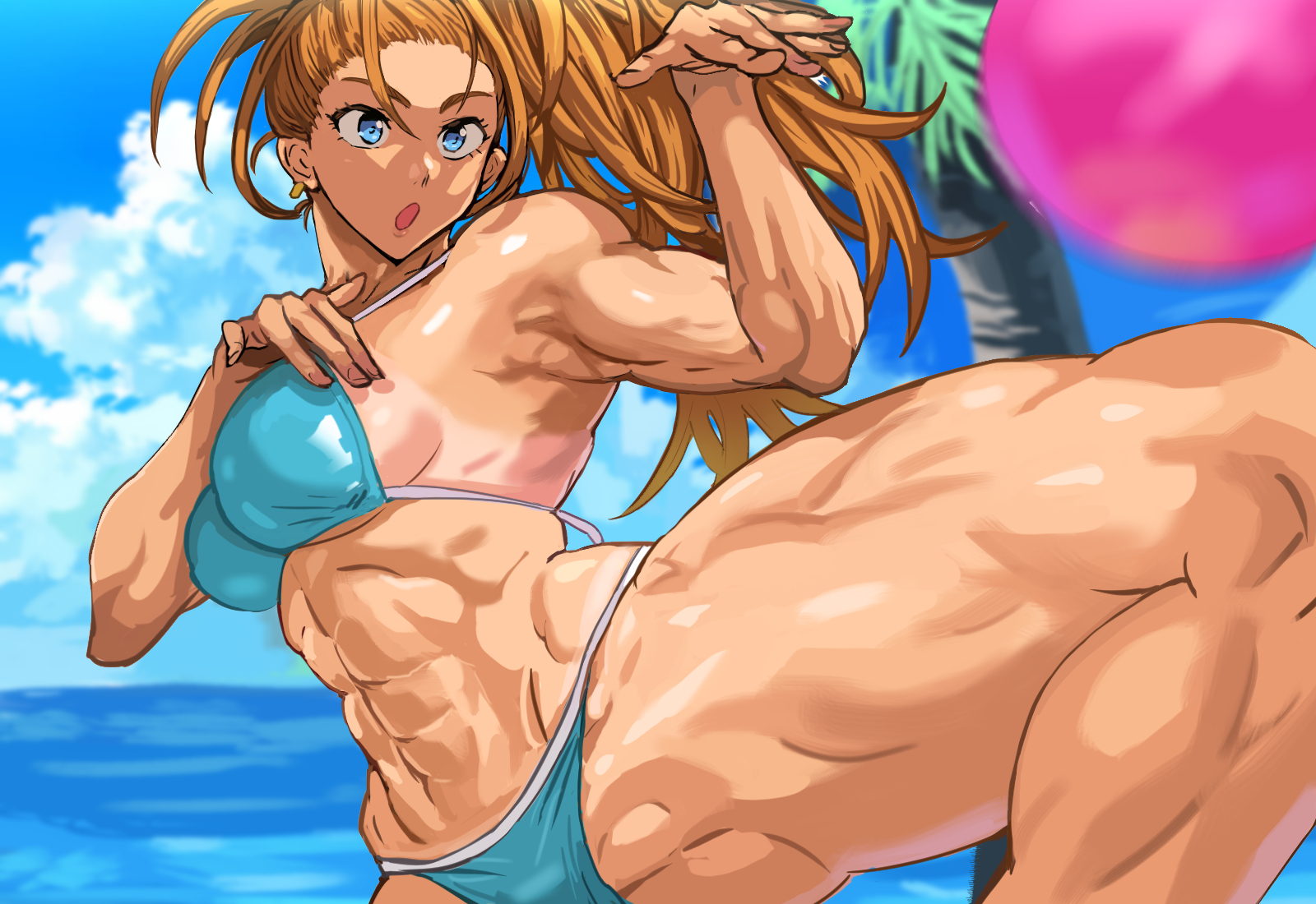 1girls, abs, ass, ball (object), beach, beach ball, belly, belly button, big breasts, bikini, blonde female, blue eyes, boobs, breasts, brown hair, cameltoe, captain mizuki, curvaceous, curvy, curvy female, curvy figure, cute, daraz18aka, earrings, female, female focus, female only, fit, fit female, front view, groin, hips, larger female, leg up, legs apart, light skin, light-skinned female, lips, lipstick, long hair, midriff, muscles, muscular, muscular arms, muscular female, muscular legs, muscular thighs, navel, one-punch man, open mouth, pink lips, pink lipstick, ponytail, pose, pussy, red hair, shiny skin, solo, solo female, solo focus, spread legs, stomach, taller female, tan skin, tanline, tanlines, thick legs, thick thighs, thighs, tied hair, tits, voluptuous, waist, wide hips