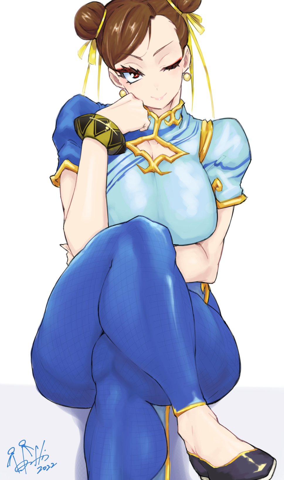 1girls, 2022, artist request, asian, asian female, big breasts, breasts, capcom, chun-li, chun-li (street fighter 6), clothed, clothed female, clothes, clothing, crossed legs, female, female only, fully clothed, light skin, light-skinned female, one eye closed, solo, street fighter, street fighter 6, thick thighs, wide hips