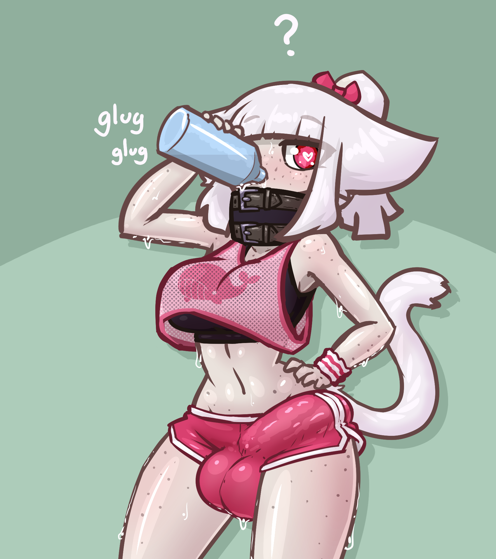 <3 eyes, 1futa, animal humanoid, armband, balls, balls bulge, belt, belt buckle, big balls, big bulge, big penis, bodily fluids, bottomwear, breasts, bulge, bulge to side, cat humanoid, clothed, clothing, collar, crop top, dolphin shorts, drinking, erection under clothes, feline, feline humanoid, freckles, fully clothed, futa only, futanari, genital outline, genitals, gym bottomwear, gym clothing, gym shorts, hair, hand on hip, heart, heart-shaped pupils, hi res, humanoid, intersex, limebreaker, looking at viewer, mammal, mammal humanoid, onomatopoeia, original, penis, penis outline, pink eyes, ponytail, qaitlynne, question mark, shirt, shorts, simple background, solo, sound effects, sweat, tan body, text, topwear, water, white hair