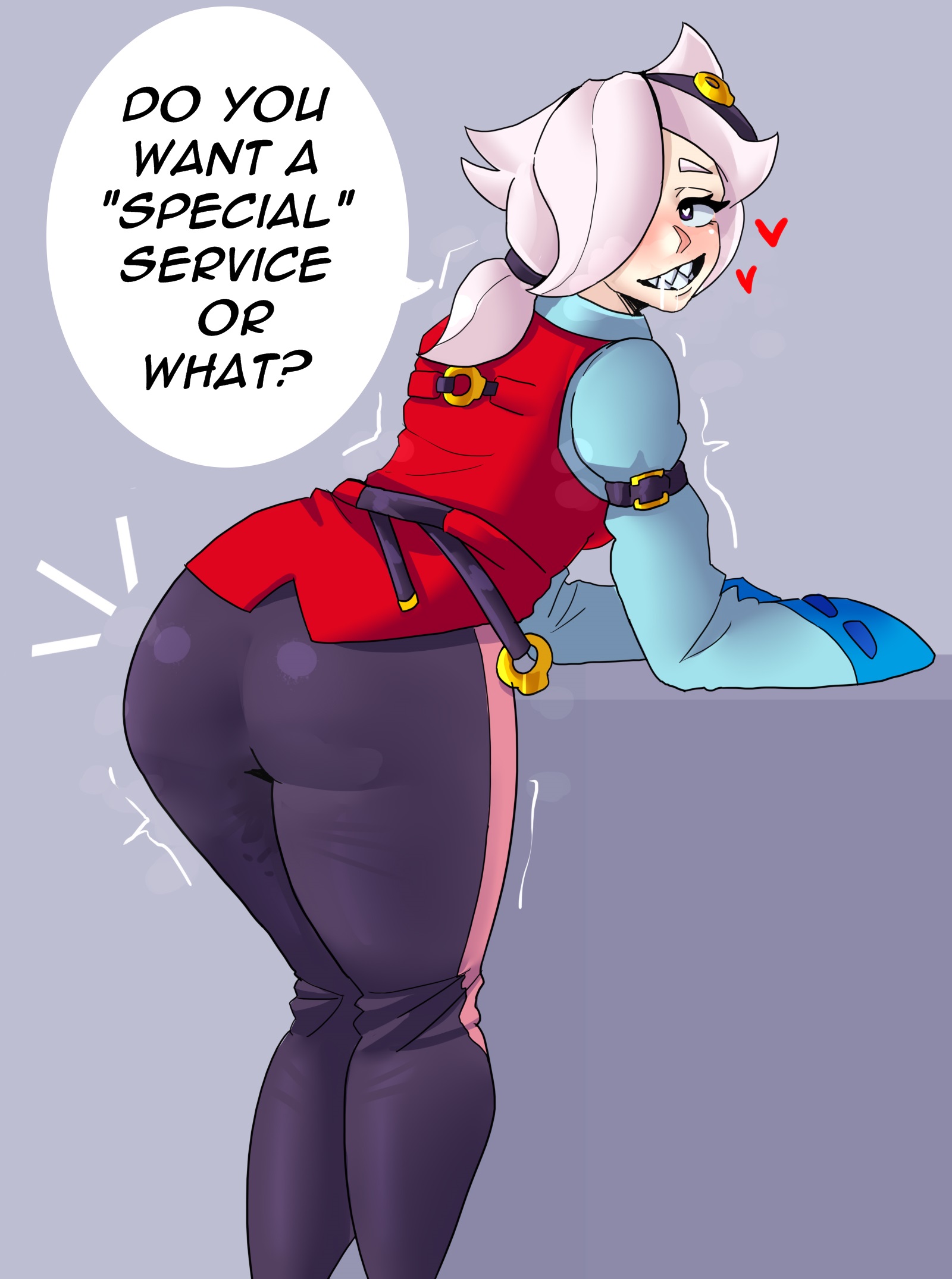 ass, big ass, big butt, brawl stars, colette (brawl stars), female, grey background, heart-shaped pupils, horny female, sharp teeth, tagme, vel ge, white hair