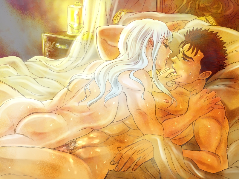 2boys, ass, berserk, black hair, canon, femboy, femboy on male, fingers in mouth, gay, gay sex, griffith, guts (berserk), laying on bed, male, male only, male/male, naked, nude, nude male, open mouth, pubic hair, sweat, sweating, sweaty, white hair, wholesome, yaoi