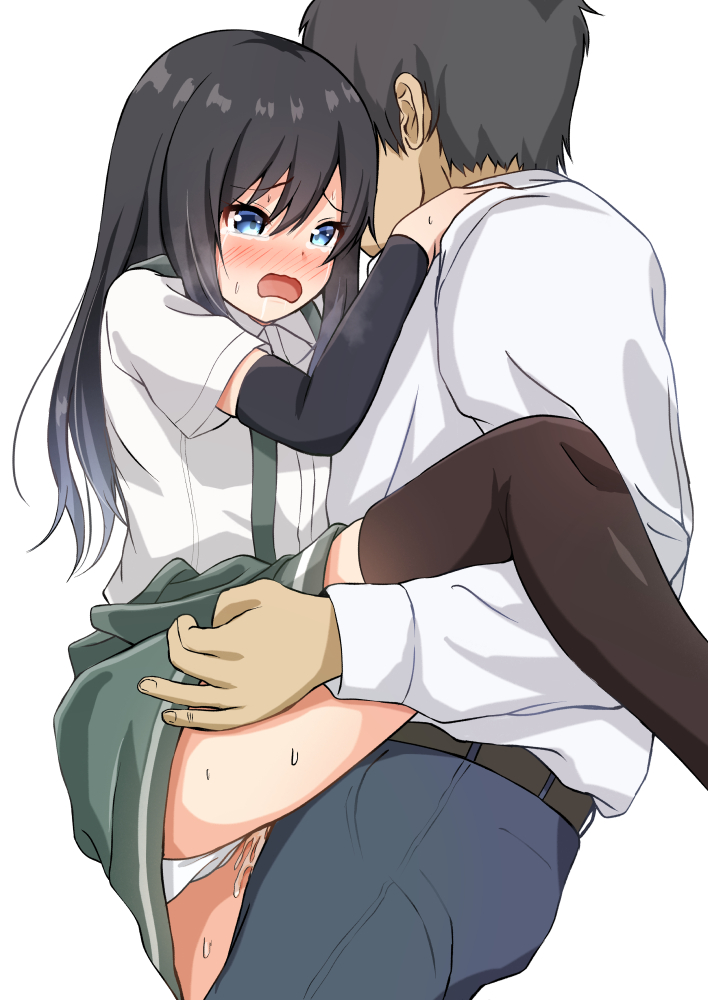 1boy arm_warmers asashio_(kantai_collection) belt black_hair blue_eyes blue_pants blush brown_belt brown_legwear clothed_sex clothing_aside comiching crying crying_with_eyes_open cum cum_in_pussy female hair_between_eyes kantai_collection leg_lift long_hair open_mouth panties panties_aside pants saliva saliva_trail sex shirt short_hair short_sleeves standing standing_missionary standing_on_one_leg standing_sex straight sweat tears thighhighs underwear vaginal_penetration white_background white_panties white_shirt