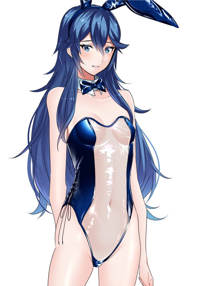 1girls, alternate costume, ameno (a meno0), animal ears, bare shoulders, bare thighs, blue eyes, blue hair, blush, bow, bowtie, bunny ears, bunny girl, bunnysuit, collar, detached collar, female, female only, fire emblem, fire emblem awakening, long hair, looking at viewer, lucina (fire emblem), navel, nintendo, playboy bunny, rabbit ears, see-through, simple background, smile, solo, symbol-shaped pupils, thighs, transparent bunnysuit, very long hair, white background