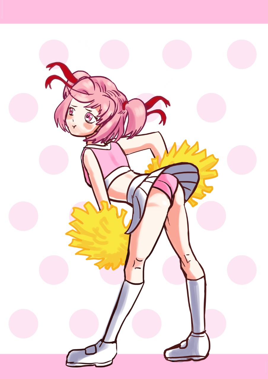 1girls cheerleader cheerleader_outfit cheerleader_uniform doki_doki_literature_club female hair_ribbons jassur_da_bagel natsuki_(doki_doki_literature_club) panties pantyshot pantyshot_(standing) pink_eyes pink_hair pink_panties pom_poms red_ribbons ribbons shoes skirt skirt_up socks solo solo_female upskirt white_skirt yellow_pom_poms