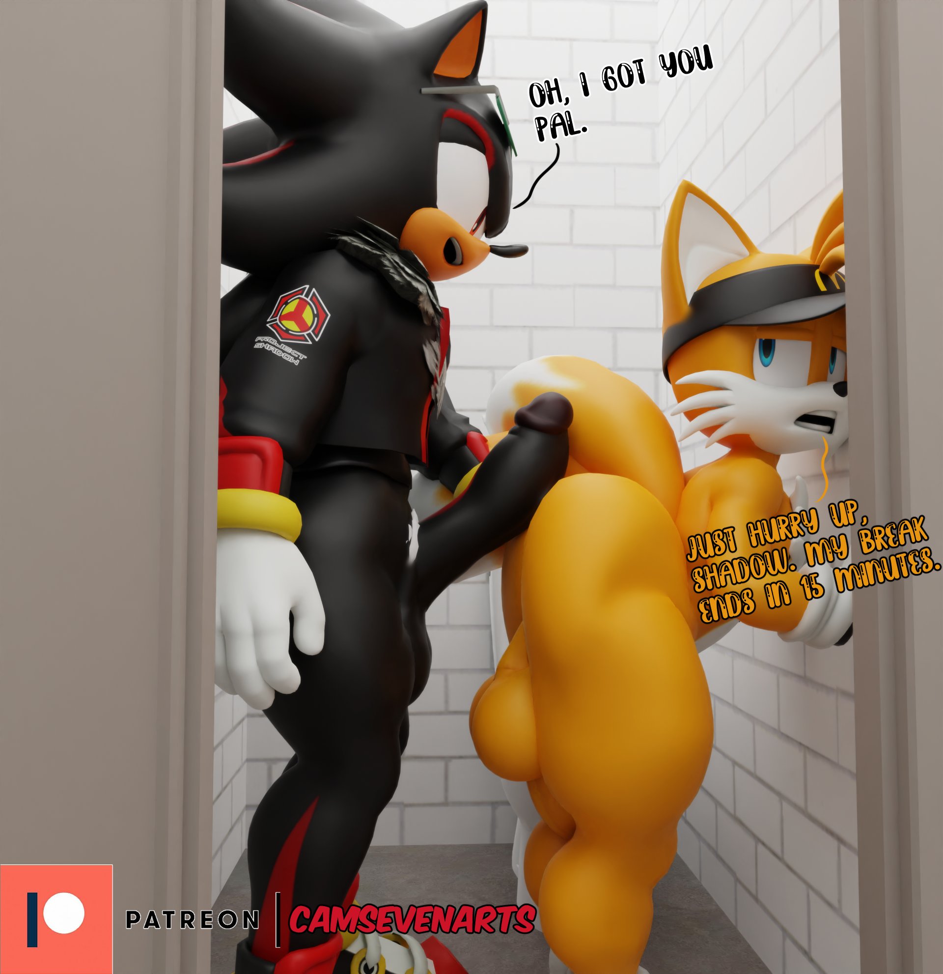 2boys, 3d, anthro, asking for it, ass, balls, bent over, big ass, big penis, blue eyes, bottomless, camseven, dialogue, femboy, fox, gay, hat, hedgehog, imminent sex, inviting, inviting to sex, jacket, looking at another, looking back, male, male only, nude, nude male, penis, sega, shadow the hedgehog, shoes, sonic (series), sonic the hedgehog (series), tails, tails the fox, thick thighs