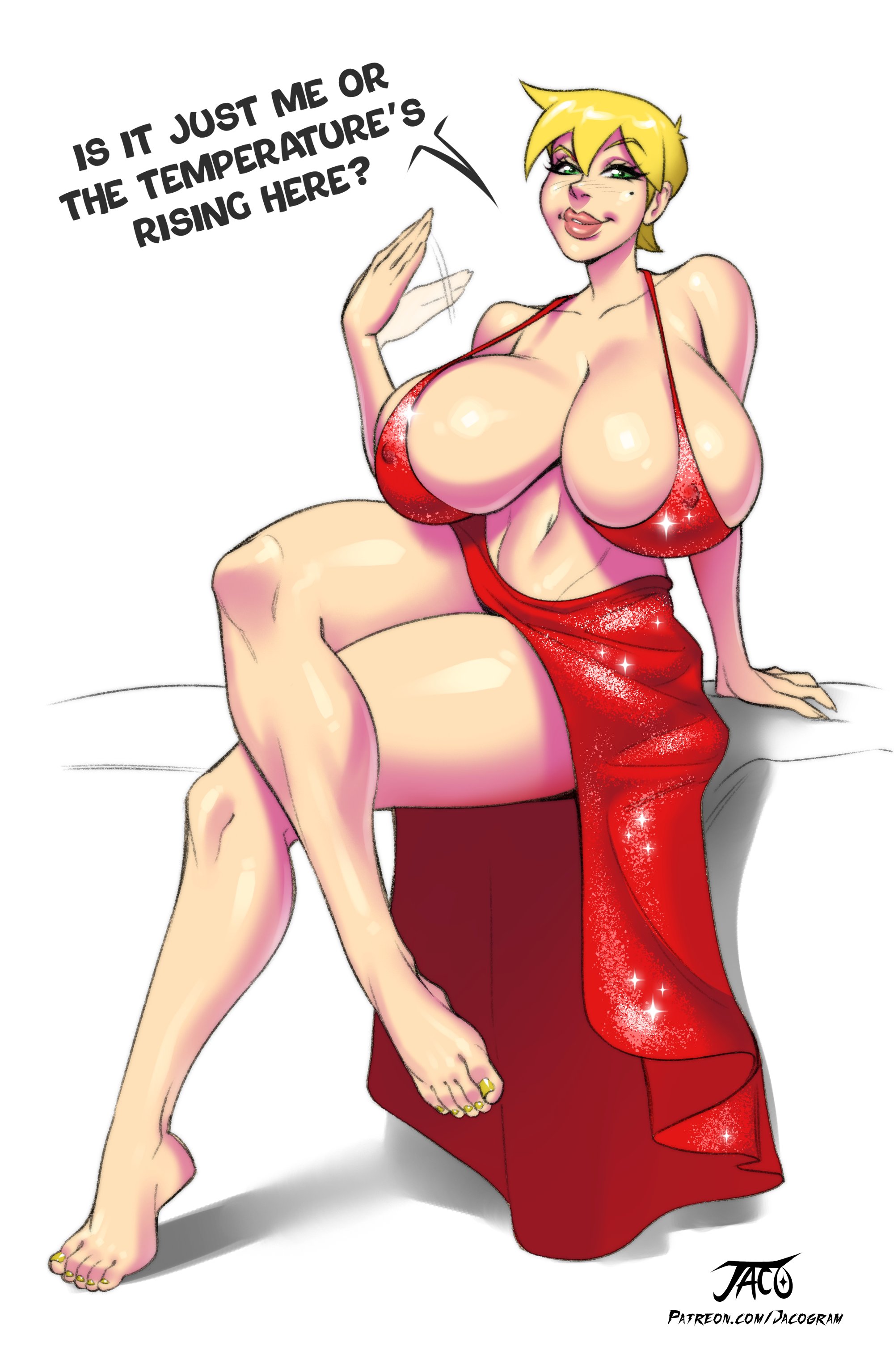 1girls, alternate version at source, barefoot, big breasts, blonde hair, breasts, crossed legs, daphne dress, dress, english text, feet, female, huge breasts, iacolare, jacogram, light skin, light-skinned female, looking at viewer, lyza (jacogram), nail polish, nipples, no bra, original, original character, red dress, revealing clothes, short hair, text, thick thighs, toes, very short hair, voluptuous