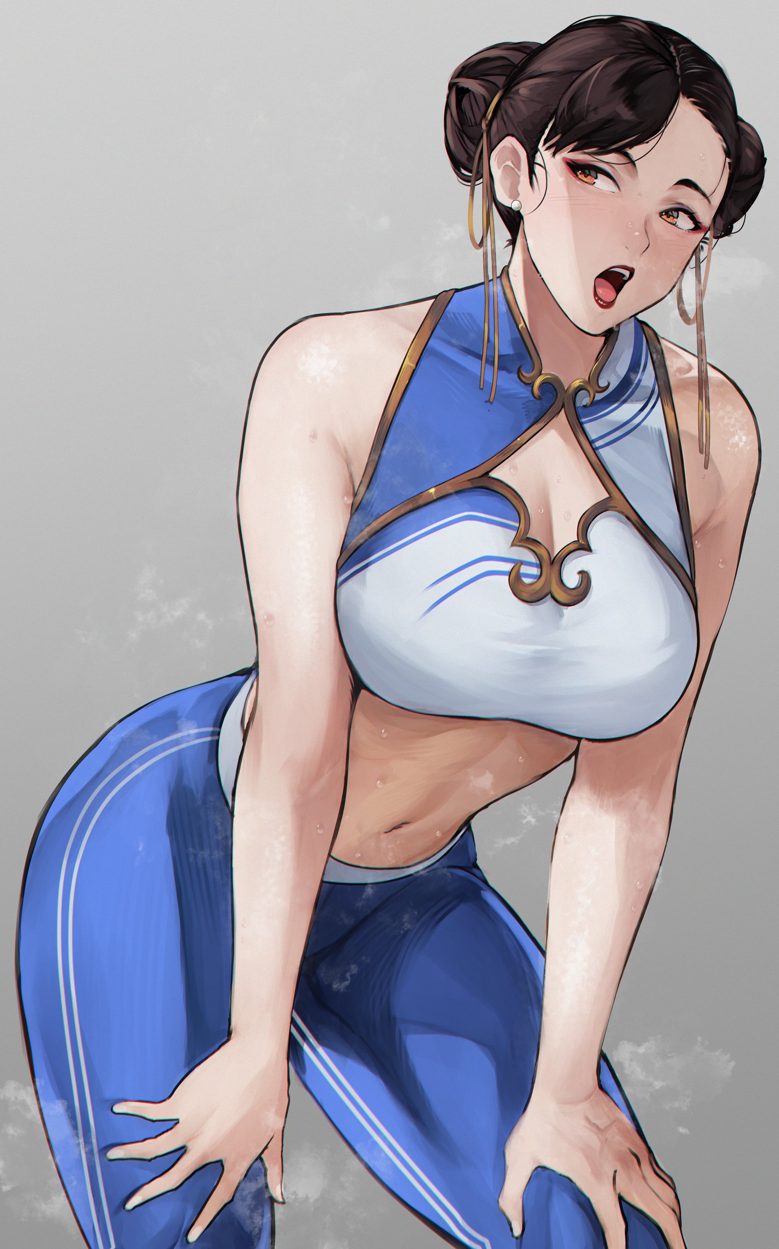 boob window, breasts, capcom, chun-li, chun-li (street fighter 6), cleavage, deep cleavage, female, full cleavage, kobi420, large breasts, open mouth, street fighter, street fighter 6, sweat