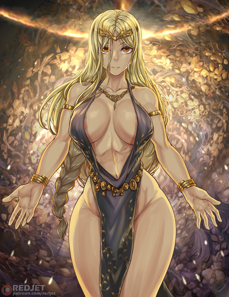 1girls, armbands, big breasts, blonde hair, breasts, circlet, dress, elden ring, female, female only, fromsoftware, goddess, gold (metal), milf, muscular, muscular female, queen marika the eternal, redjet, solo, solo female, thick thighs, wide hips