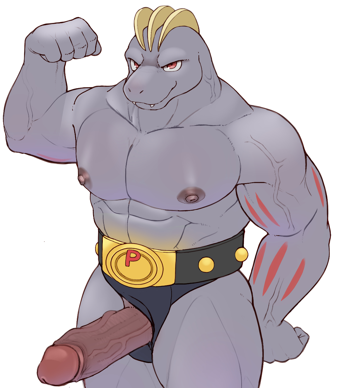 balls, bara, big balls, big penis, boner, erection, flexing, flexing bicep, game freak, gay, gekishiro1, looking at viewer, machoke, male, male only, muscles, muscular, nintendo, penis, penis out, pokemon, pokemon (species), solo, solo male, veiny penis, yaoi