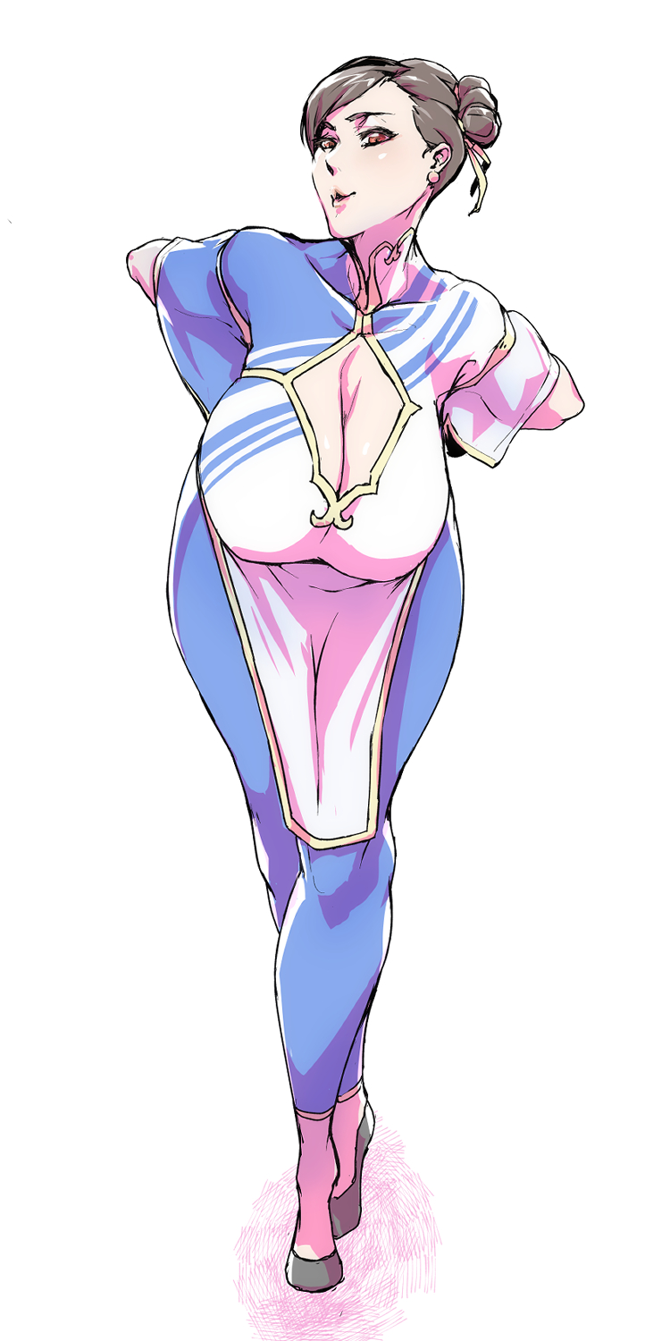 1girls, asian, asian female, baneroku, big breasts, blush, breasts, brown hair, capcom, chun-li, chun-li (street fighter 6), cleavage, clothed, clothed female, clothes, clothing, female, female only, fully clothed, hanging breasts, large breasts, light skin, light-skinned female, orange eyes, solo, street fighter, street fighter 6, thick thighs, wide hips