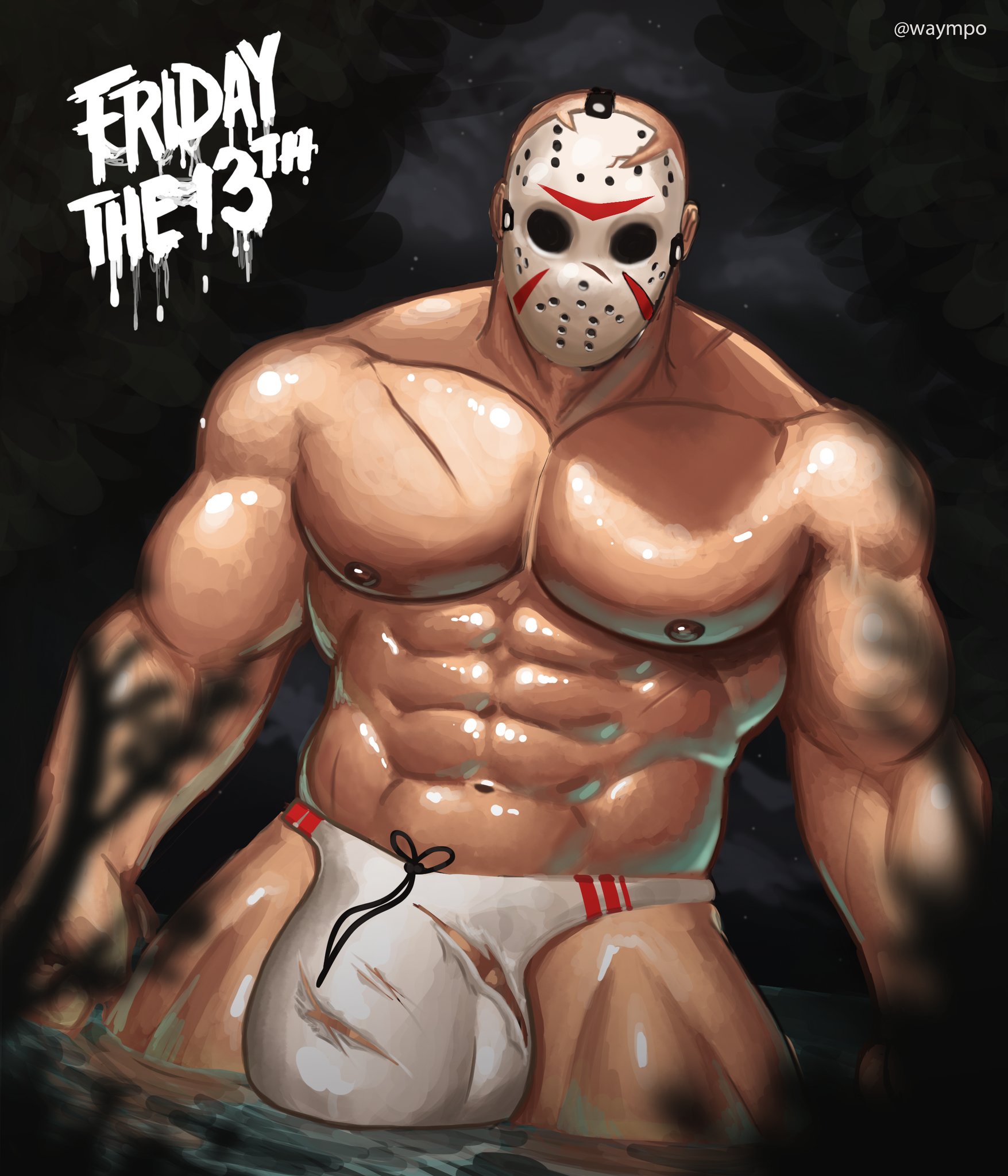 1boy, balls, bara, big balls, big bulge, big penis, bulge, flaccid, friday the 13th, gay, hockey mask, jason voorhees, male, male only, muscles, muscular, navel, nipples, penis, ripped clothing, solo, solo male, waympo, yaoi