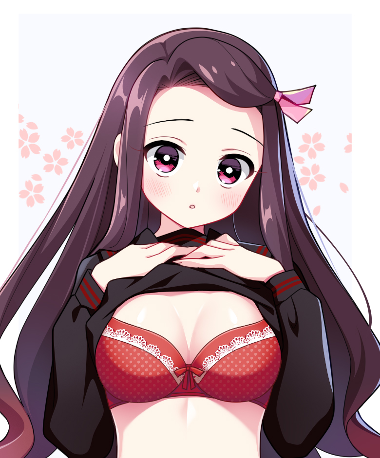 1girls aged_up alternate_costume blush bra brown_hair cleavage demon_slayer female female_only hair_ribbon kamado_nezuko kanekiyo_miwa kimetsu_no_yaiba lace-trimmed_bra long_hair looking_at_viewer medium_breasts picot_trim picot_trim_bra pink_eyes polka_dot red_and_white_bra red_bra school_uniform serafuku shirt_lift solo upper_body