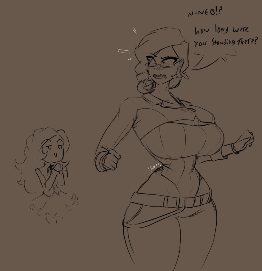 2girls curvaceous curvy curvy_figure glynda_goodwitch hourglass_figure huge_breasts impossible_clothes impossible_fit jakearmorsmith monochrome neo_(rwby) older_female outfit_swap ripped_clothing rwby size_difference sketch text tight_clothing wasp_waist wide_hips