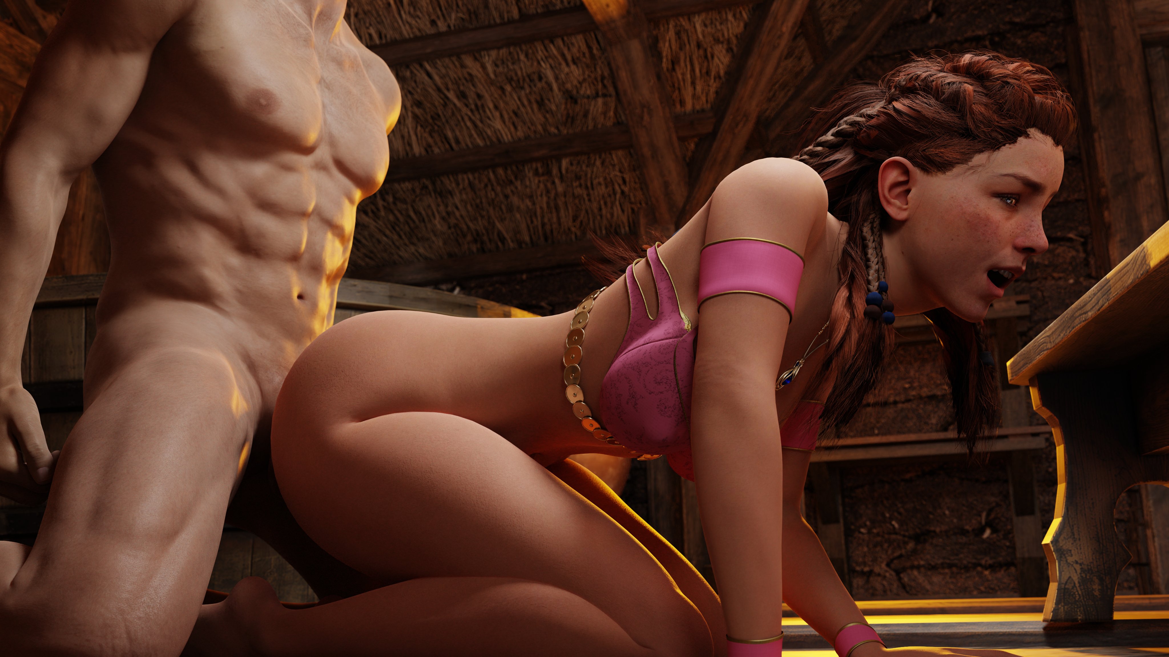3d, 3d (artwork), aloy, ass, big ass, big butt, blender, blender (software), bubble butt, curvy, doggy style, enjoying, excited, female, horizon zero dawn, hourglass figure, looking pleasured, male, nude, partial male, pleasure face, project vega, pussy, red hair, romantic, seductive, seductive look, sensual, thick, thick ass, thick thighs, vaginal penetration, vaginal sex, wide hips