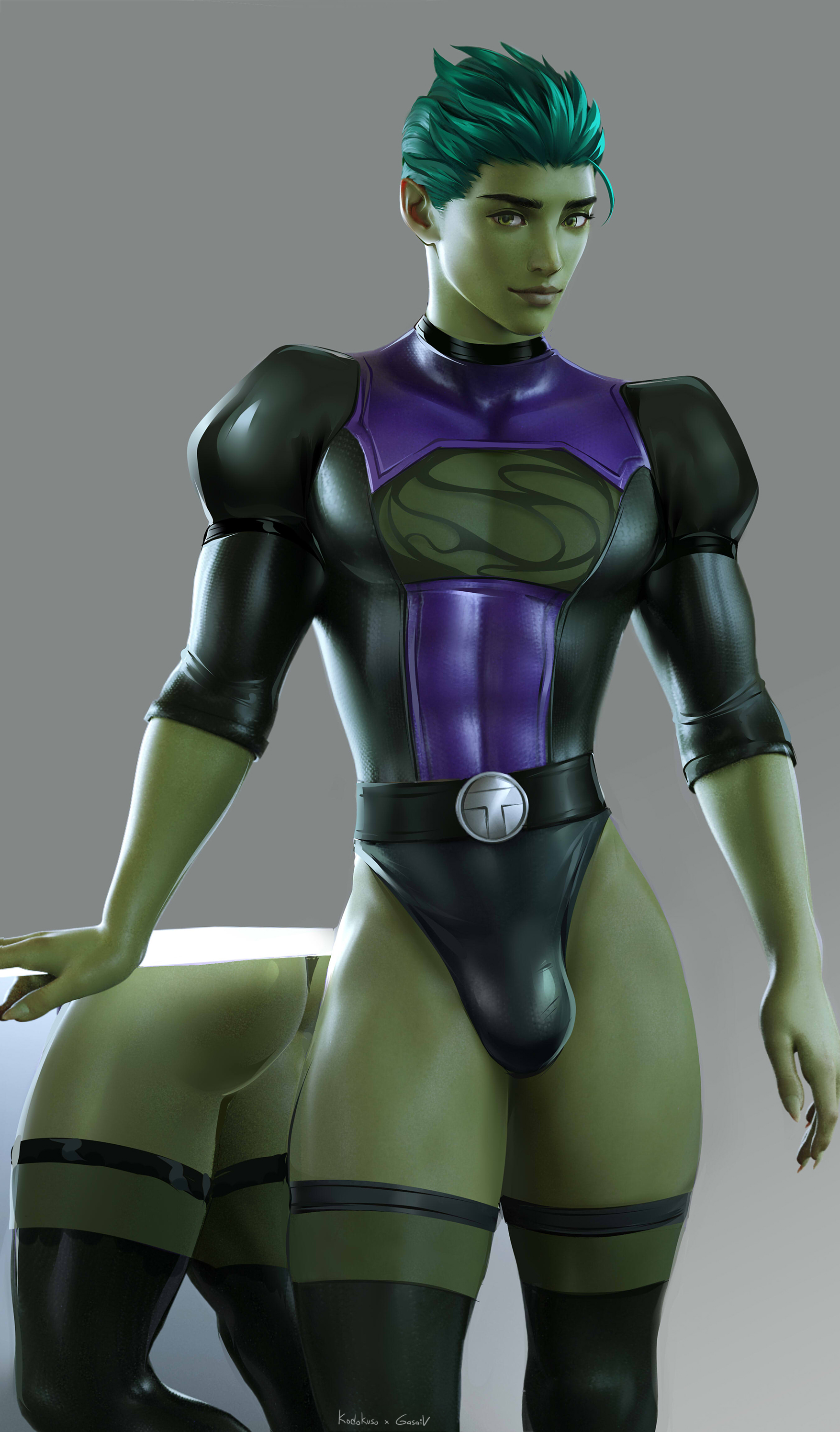 1boy, ass, beast boy, belt, big, big penis, bulge, dc, dc comics, flaccid, gasaiv, gay, green body, green eyes, green hair, green skin, grey background, long nails, male, male only, mirror, muscles, muscular, muscular male, penis, pointy ears, purple clothing, short hair, skin tight, solo, teen titans, thick thighs, thighhighs, thighs, tight clothes, tight clothing, tight pants, yaoi