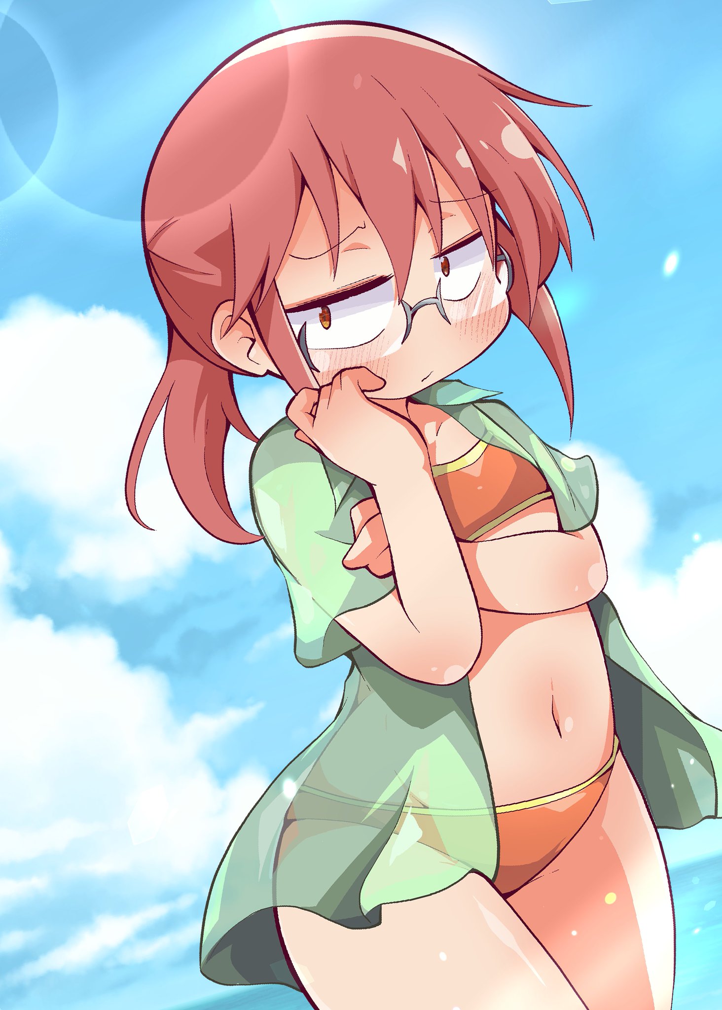 1girls, bikini, blush, embarrassed, female, glasses, kobayashi, long hair, looking at viewer, miss kobayashi's dragon maid, red hair, swimsuit