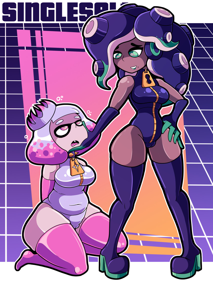 @_@ bondage clothed dark-skinned_female dark_skin dominant dominant_female domination femdom femsub hypnosis inkling lezdom lezsub marina_(splatoon) mind_control nintendo octoling off_the_hook_(splatoon) on_knees pearl_(splatoon) singlesalt slave splatoon splatoon_2 submissive submissive_female swirly_eyes yuri