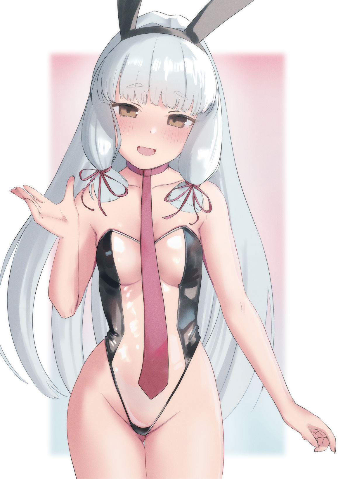 animal_ears blush breasts bunny_ears bunnysuit female highres kantai_collection leotard long_hair looking_at_viewer murakumo_(kantai_collection) necktie playboy_bunny rabbit_ears sakieko see-through sidelocks small_breasts transparent_bunnysuit white_hair yellow_eyes