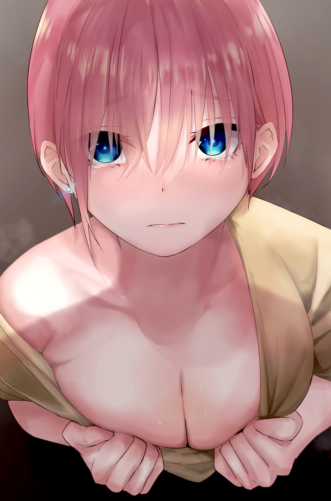 1girls asymmetrical_hair blue_eyes breasts brown_background cleavage cleavage_pull clothes_pull collarbone earrings eyebrows_visible_through_hair female from_above go-toubun_no_hanayome highres jewelry looking_at_viewer mame1645 nakano_ichika pink_hair shirt_pull short_hair solo upper_body