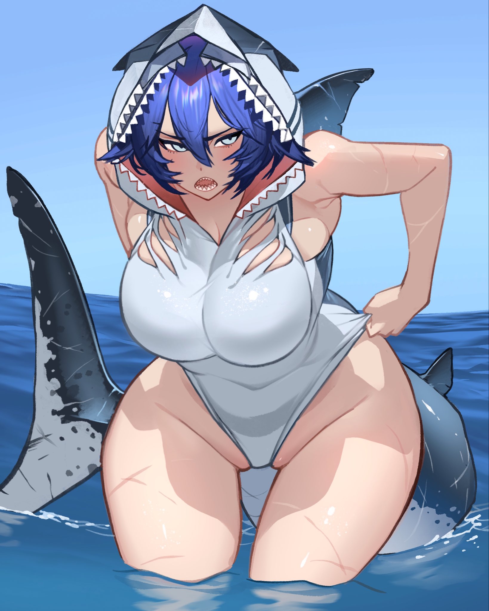 armpits, big breasts, blue hair, breasts, female, hourglass figure, light skin, light-skinned female, megalodon, milf, mommy, shark girl, shark tail, sharp teeth, short hair, teeth, theamazingspino, thick thighs, thighs, voluptuous, water