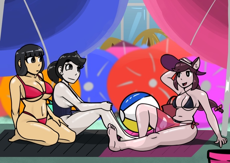 2019 3girls aiko_(giidenuts) alternate_hairstyle anthro barefoot beach beach_ball bikini cleavage crowded dyllzone full_body giidenuts long_hair maddie_(dyllzone) one_piece_swimsuit original parasol silk sitting straw_hat talking thighs unknown_character