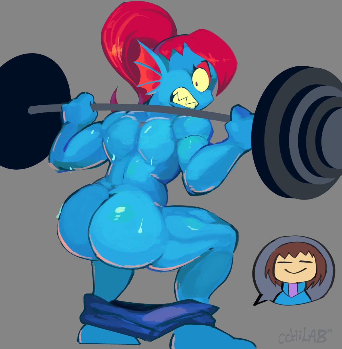 1girls 2d ass ass_focus cchilab female frisk humanoid muscular squatting tagme topless topless_female undertale undertale_(series) undyne wardrobe_malfunction weightlifting weights