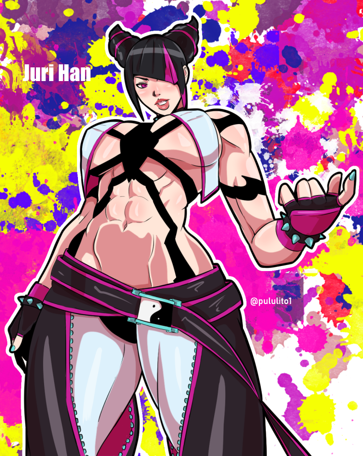 1girls abs athletic athletic_female big_breasts black_hair blush bodypaint breasts capcom erect_nipples female female_only fit fit_female hair_over_one_eye juri_han low-angle_view pink_eyes pululon solo street_fighter street_fighter_6 thick_thighs underboob