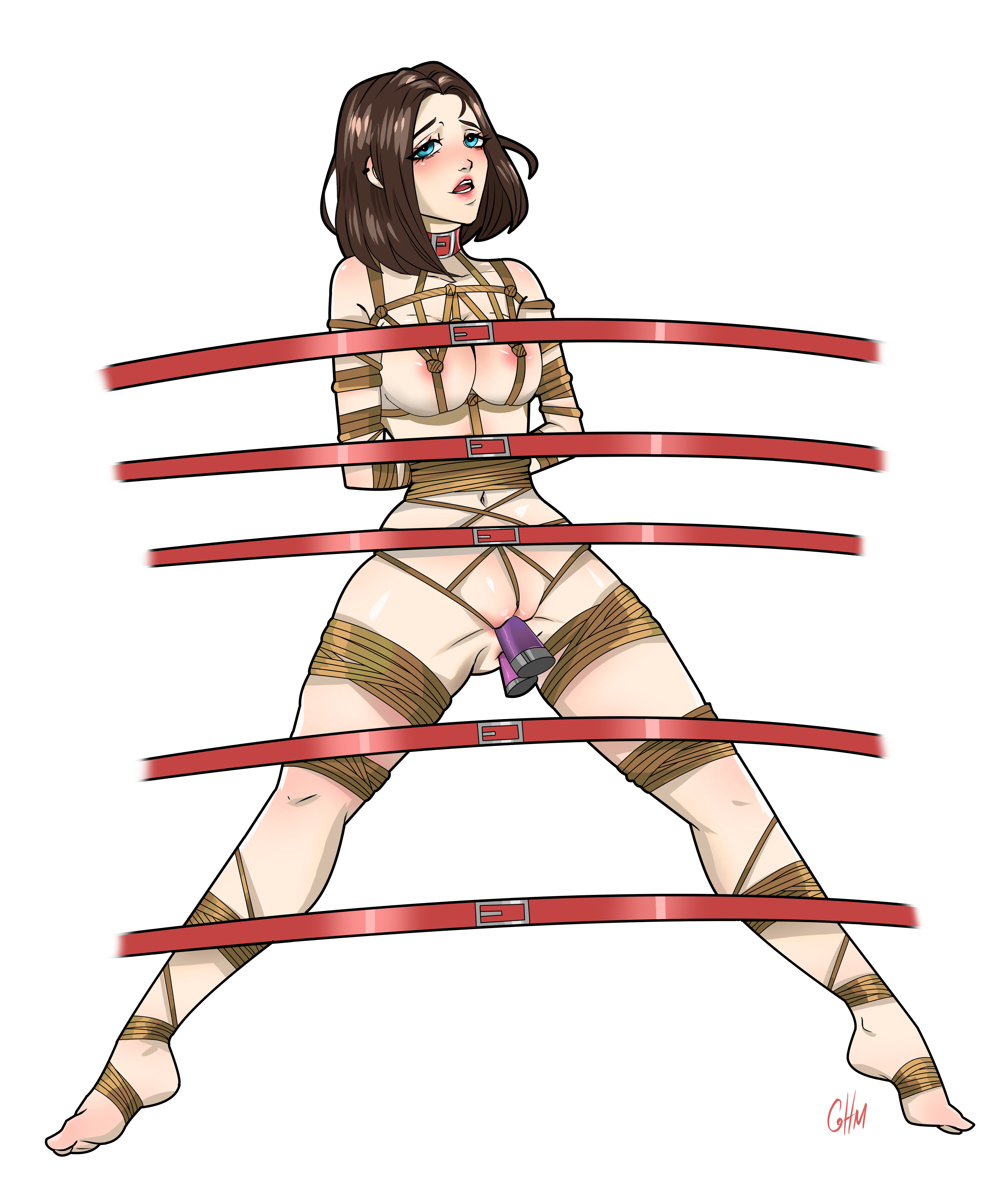 1girls, 2d, anus, areola slip, areolae, blue eyes, blush, bondage, bound, breasts, brown hair, collar, dildo, dildo in ass, dildo in pussy, female, female only, femsub, ghostlessm, light skin, light-skinned female, looking at viewer, pussy, rope, rope bondage, samsung, samsung sam, sex toy, tied up