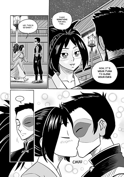 1boy 1girls avatar_the_last_airbender black_and_white blush brother-tico clothing comic comic_page couple cute jin_(avatar) jin_tales_of_ba_sing_se kissing outdoors romantic walking wholesome zuko