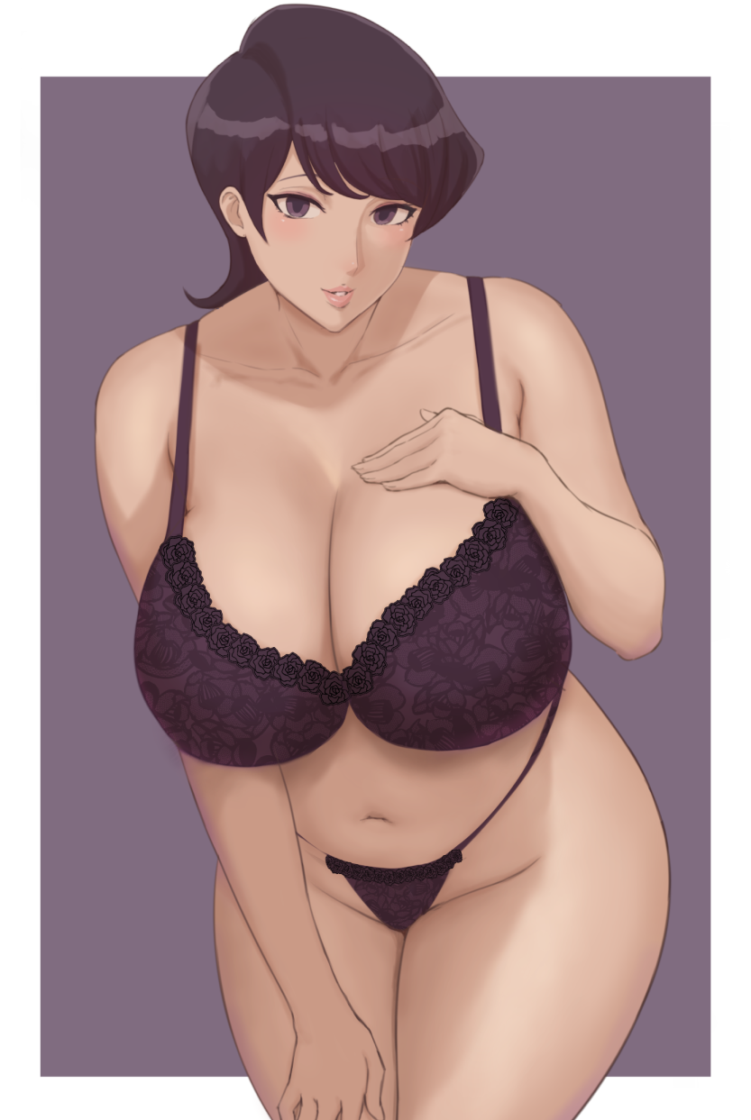 1girls bangs bare_arms bare_shoulders black_hair black_panties border bra breasts cleavage collarbone cowboy_shot female floral_print hand_on_own_chest highleg highleg_panties highres huge_breasts komi-san_wa_komyushou_desu komi_shuuko leaning_forward light_blush lingerie lips looking_at_viewer ma_mi_fe mature mature_female mature_woman milf mother navel outside_border panties parted_lips picot_trim picot_trim_bra picot_trim_panties purple_background purple_bra purple_eyes purple_panties short_hair simple_background smile solo standing string_panties thick_thighs thighs underwear underwear_only voluptuous white_border