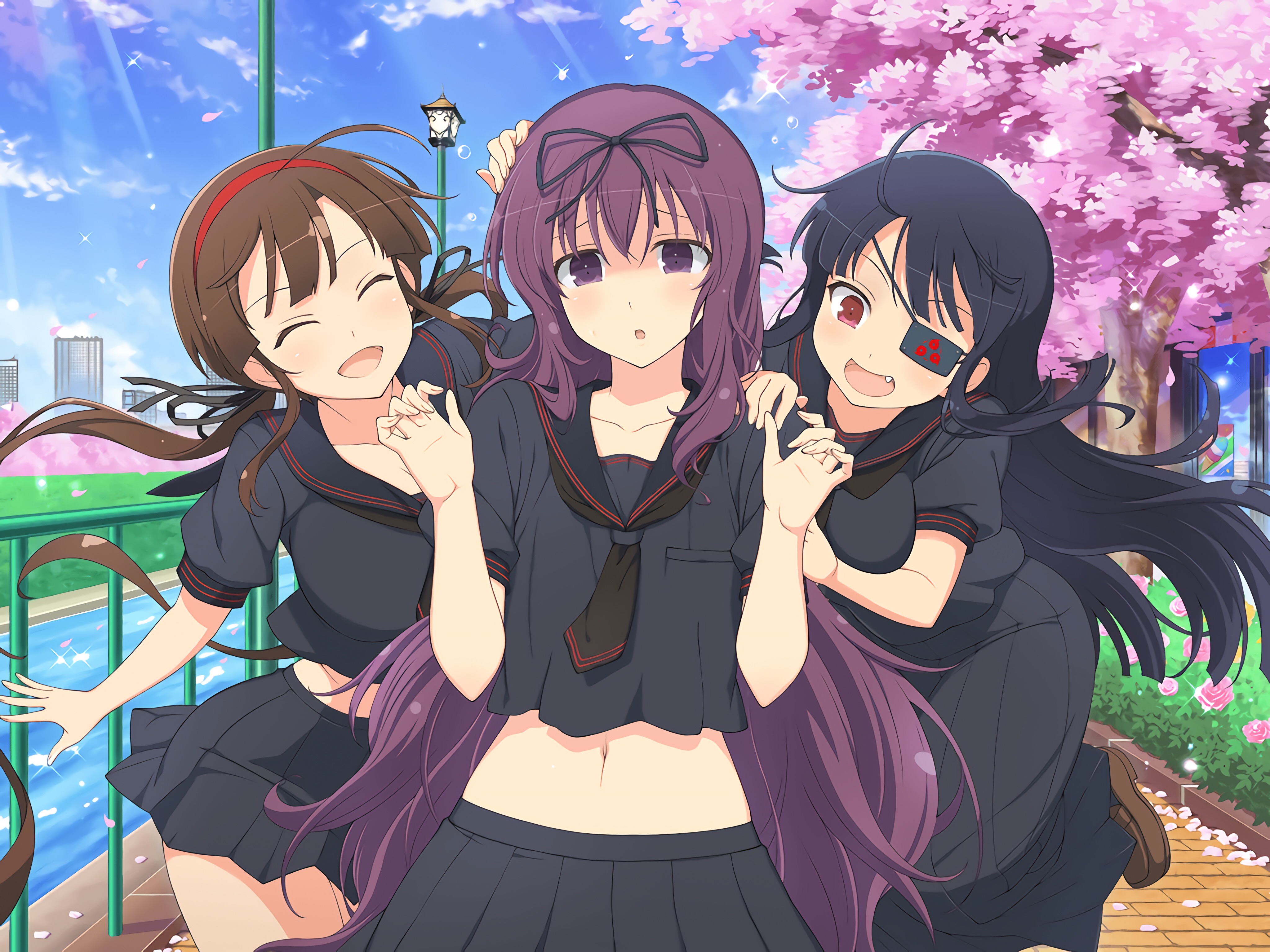 3girls, april fools, attribute theft, boob shrinking, breast deflation, breast expansion, breast growth, breast growth (enlargement), breast reduction, breast shrinking, breasts, female, flat chest, flat chested, huge breasts, image set, marvelous, mirai (senran kagura), murasaki (senran kagura), official art, ryoubi (senran kagura), senran kagura, tagme