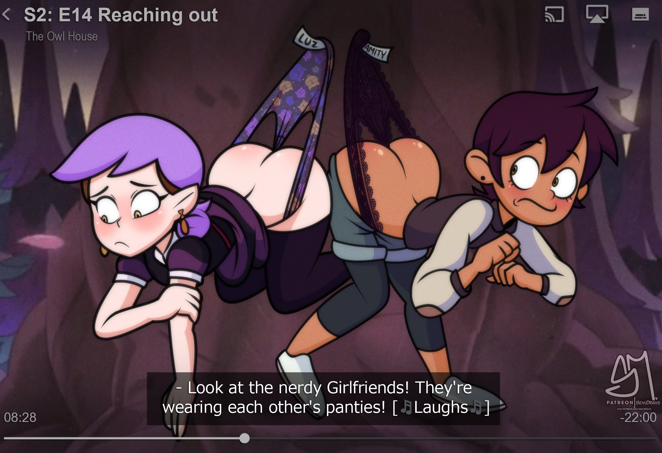 2girls, amity blight, ass, big ass, canon couple, casual, chocolate and vanilla, dark skin, dark-skinned female, disney, disney channel, female, female only, hi res, human, luz noceda, multiple females, multiple girls, pale skin, purple hair, semidraws, straight hair, style parody, the owl house, wedgie, wedgie fetish, witch, witch (the owl house)