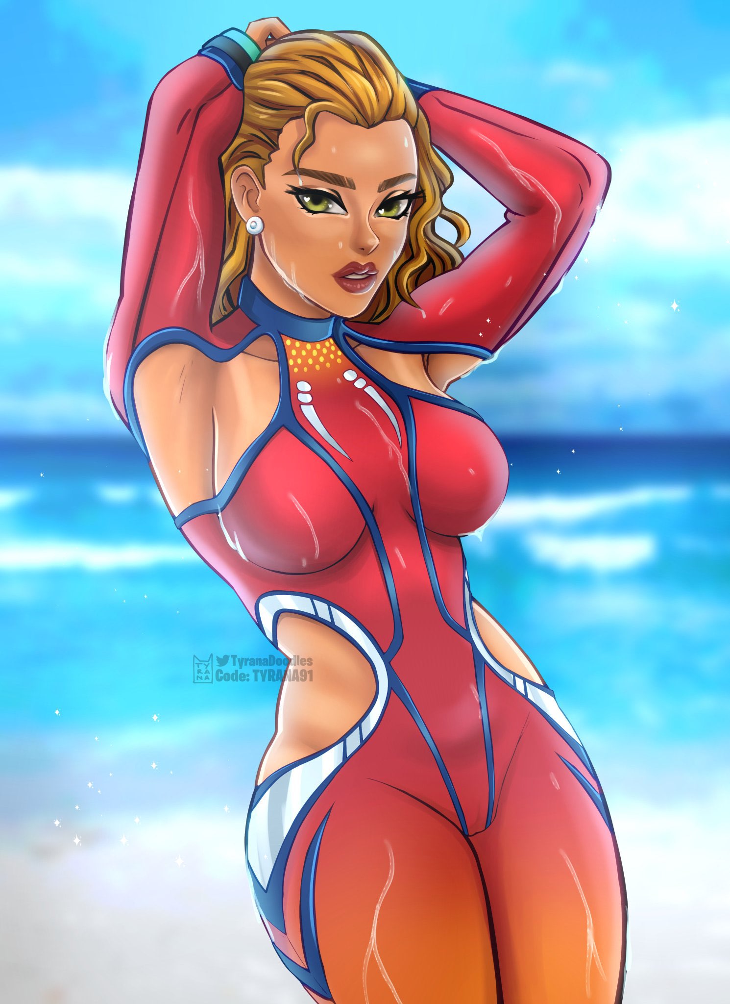 1girls, arms behind head, beach, blonde female, female, female focus, female only, fit, fit female, fortnite, human, human only, jpeg, light skin, light-skinned female, medley (fortnite), outdoors, sea, solo, tyrana, watermark, wet, wetsuit, wide hips