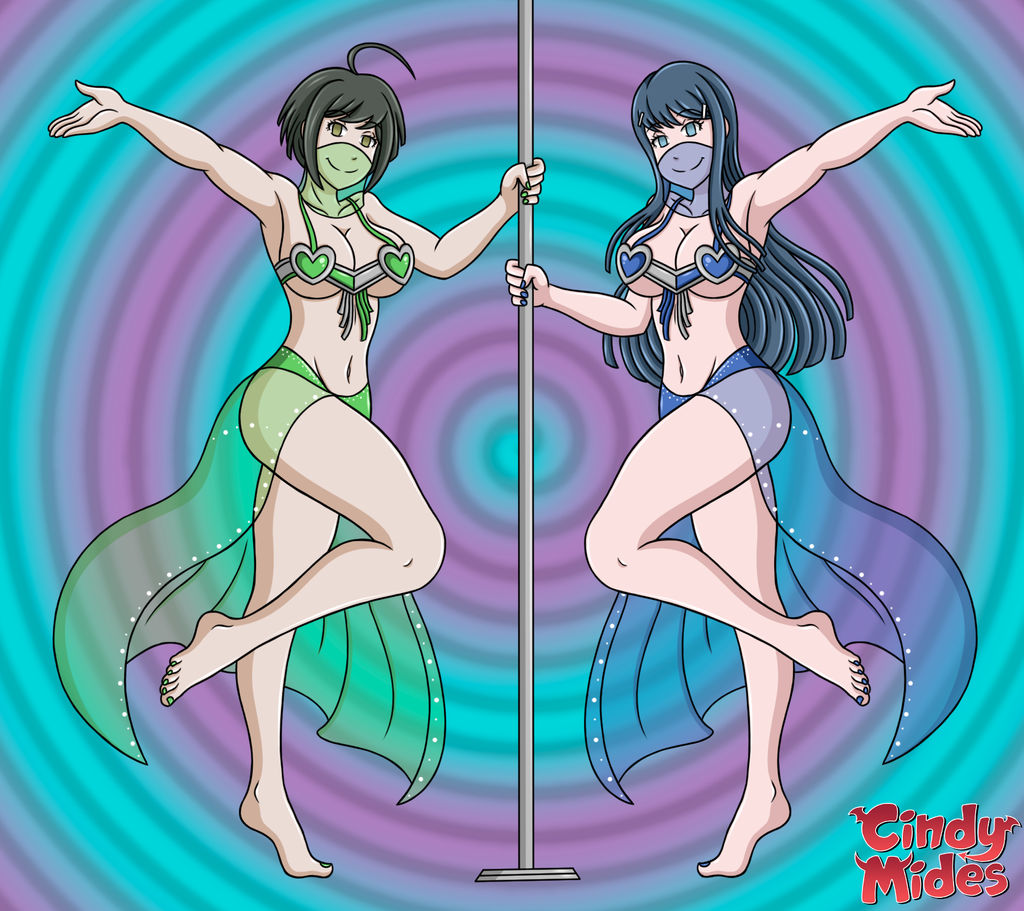 barefoot blue_hair cindymides commission dancer_outfit dancing danganronpa danganronpa:_trigger_happy_havoc danganronpa_1 danganronpa_ultra_despair_girls empty_eyes hypnosis long_hair maizono_sayaka mind_control naegi_komaru navel pole_dancing short_hair skimpy_bikini skimpy_clothes smile straight_hair