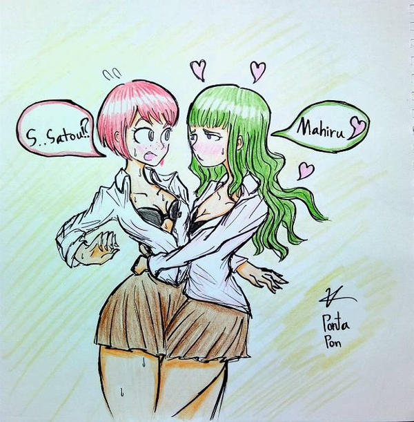 bra colored_pencil_(artwork) danganronpa danganronpa_2:_goodbye_despair danganronpa_3 koizumi_mahiru open_clothes pontapon sato_(danganronpa) straight_hair traditional_media_(artwork) yuri