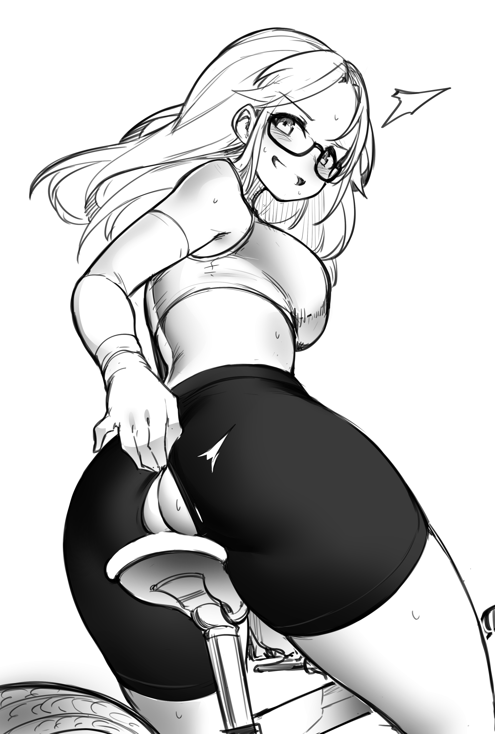 ass, bicycle, bike, bike shorts, female, glasses, greenopi, partially nude, presenting, smile, tagme, torn clothes, torn legwear