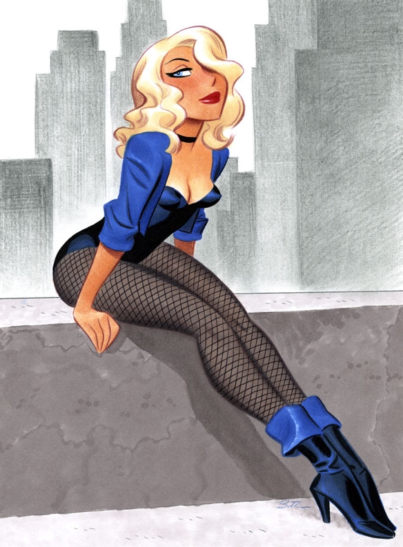 1girls black_canary blonde_female blonde_hair blue_eyes bruce_timm choker clothed dc dc_comics dcau dinah_lance female female_only fishnet_pantyhose green_arrow_(series) high_heel_boots high_heels lipstick makeup red_lipstick sitting traditional_media_(artwork)