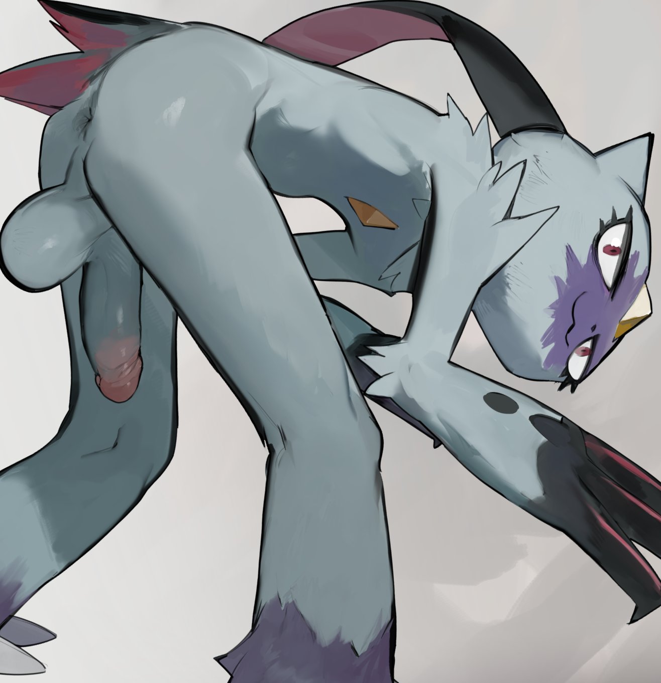 2022 :3 anus ass backsack balls cat_ear claws erection fur furry furry_only genitals grey_background grey_body grey_penis hi_res leaning leaning_forward liteu looking_at_viewer looking_back male male_only markings narrowed_eyes nintendo nude penis perineum pink_markings pokémon_(species) pokemon presenting presenting_anus presenting_hindquarters purple_body purple_fur purple_markings red_eyes saggy_balls semi-anthro simple_background smile smirk sneasler solo video_games