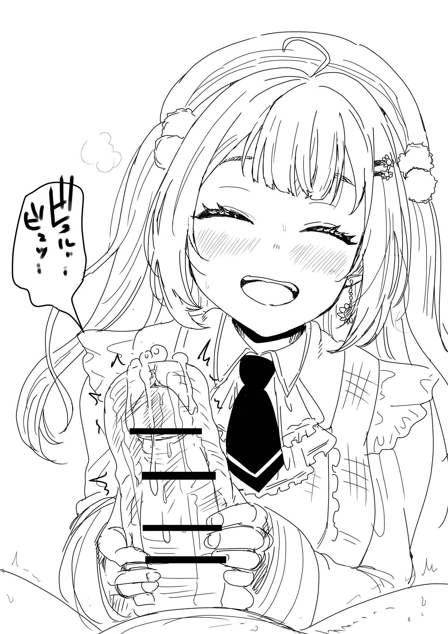 1boy, 1girls, artificial vagina, blush, censored, closed eyes, cum, cum in sex toy, female, fleshlight, handjob, handjob w/sex toy, honma himawari, kaiman garupan, male, male pov, monochrome, nijisanji, oral, penis, pov, sex toy, smile, tagme, virtual youtuber