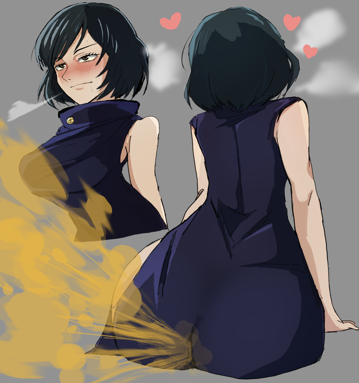 1girls, anonymous artist, ass, big ass, big breasts, blush, breasts, bubble ass, bubble butt, fart, fart cloud, fart fetish, farting, female, female only, jujutsu kaisen, solo female, zenin mai