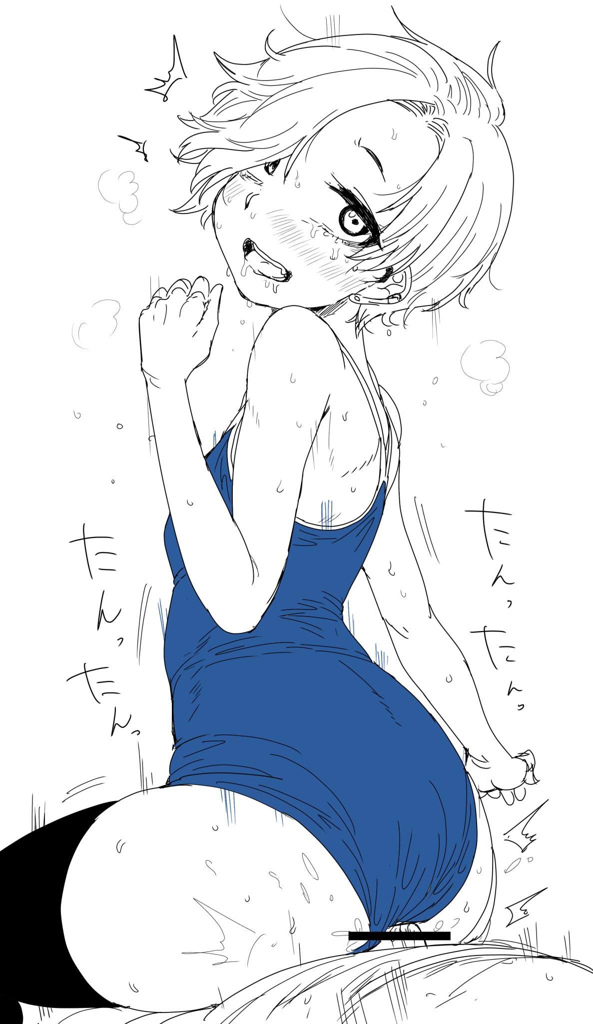 1boy, 1girls, ass, blush, breasts, female, hair over one eye, idolmaster, kaiman garupan, male, monochrome, penis, reverse cowgirl position, sex, shirasaka koume, short hair, small breasts, swimsuit, swimsuit aside, tagme, thighhighs