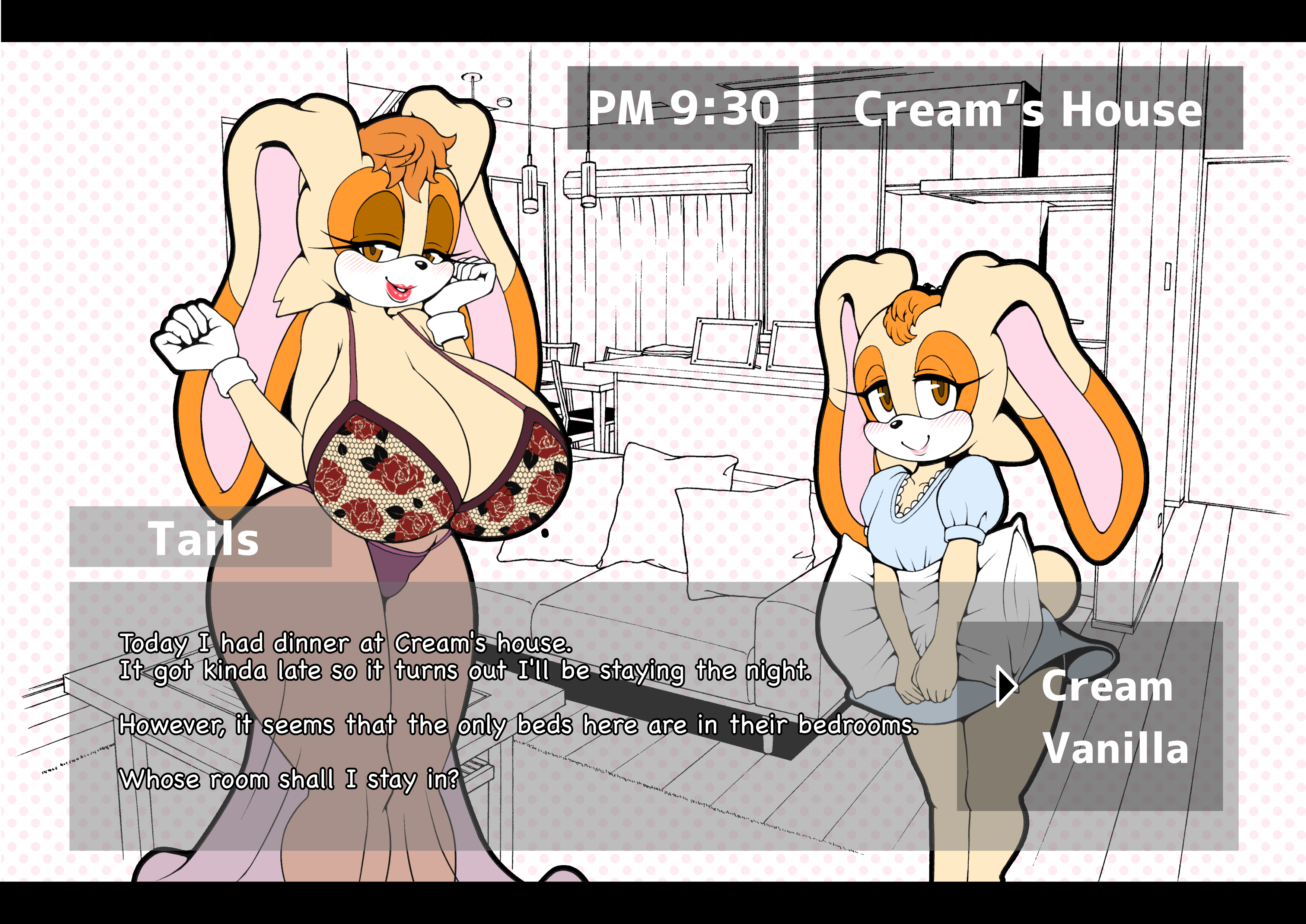 aged up, anthro, big breasts, breasts, cream the rabbit, female, fox, gameplay mechanics, lingerie, lipstick, male, michiyoshi, milf, mother, mother and daughter, nightgown, older female, rabbit, sonic (series), tails, tails the fox, transparent clothing, vanilla the rabbit, younger male